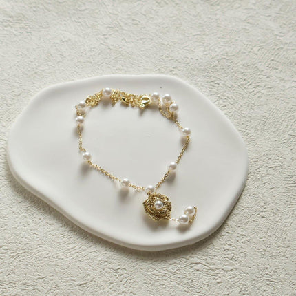 Gold Flower Pearl Tassel Necklace Elegant Temperament Jewelry Gift for Women