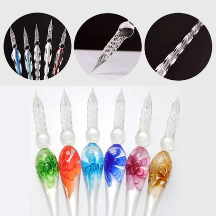 Crystal Flower Glass Dipping Dip Pen Writing Set Gift Pack Fountain Calligraphy - Aimall