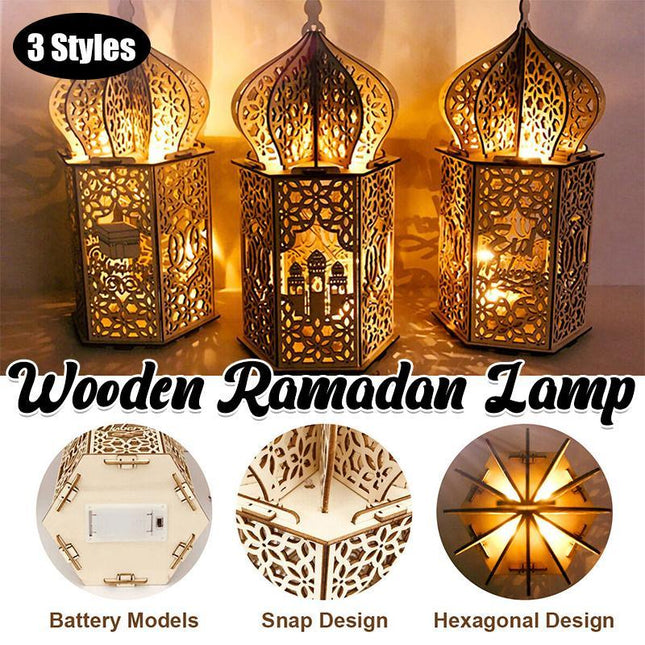 Eid Mubarak Muslim LED Night Light Ramadan Lamp Decor Lights Wooden Lantern - Aimall
