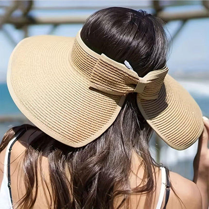 Women Roll Up Sun Visor Wide Brim Straw Hat Summer Foldable UV Protection Cap