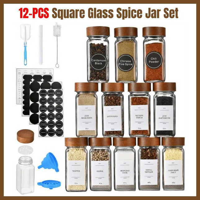12pcs Square Glass Spice Jars Clear Storage Containers Kitchen Spice Organizing