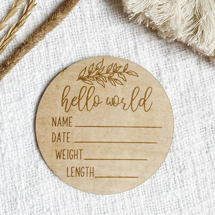 Hello World Baby Birth Announcement Plaque Wooden Disc Introducing Name Card - Aimall
