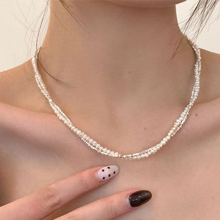 Double Layered Pearl Necklace Bracelet Set Silver Jewelry Women Fashion