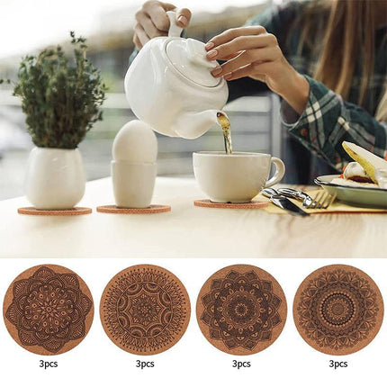 12Pc Cup Coasters Coffee Pad With Rack Nordic Mandala Round Cork Coaster - Aimall