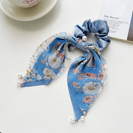 Vintage Boho Silk Bowknot Flower Hair Scrunchies Women Hair Bands Rope Pearl - Aimall