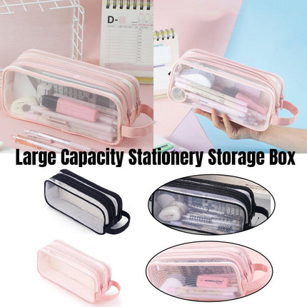 Large Capacity Transparent Mesh Pencil Case School Exam Stationery Bag Boy Girl