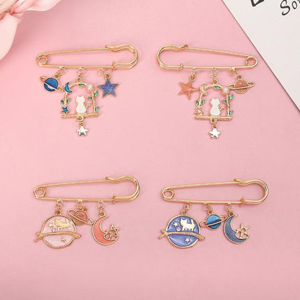 Cartoon Metal Brooch Cute Cat Swinging With Planet Moon Pendant Brooch Pin - Aimall
