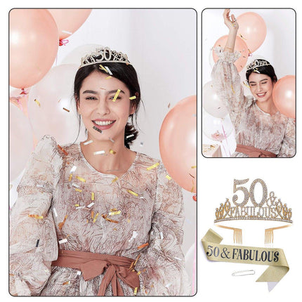 50th Birthday Gold Party Set Hairband Crown Sash Belt Ceremonial Accessory Kit