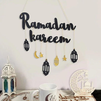 Ramadan Kareem Wooden Ornament Eid Mubarak Islam Mosque Party Hanging Decor Aimall