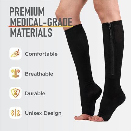 Zip Sox Compression Socks Zipper Leg Support Knee Open Toe Shaper Stockings Black - Aimall