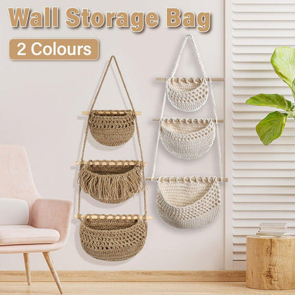 Three Layer Cotton Rope Wall Hanging Basket Door Storage Rack Organizer Bag