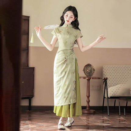 New Chinese Style Green Cheongsam Dress Daily Wear Modern Improved Dresses
