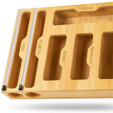 Bamboo Kitchen Storage Box for Plastic Wrap Tin Foil Paper Cutter with Lid