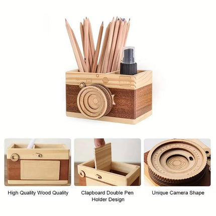 Vintage Wooden Camera Pen Holder Handmade Retro Gift Box Graduation Souvenir