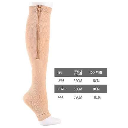 Zip Sox Compression Socks Zipper Leg Support Knee Open Toe Shaper Stockings Beige - Aimall