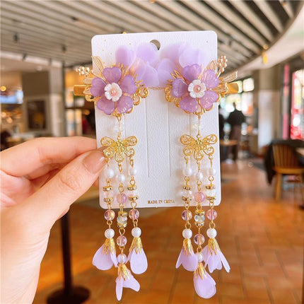 2Pcs Hanfu Flower Hair Clip Pearl Tassel Butterfly Hairpin Female/Children Party - Aimall