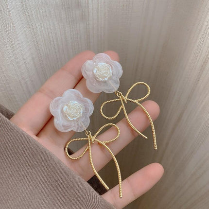 925 Silver Needle Rose Petal Earrings Long Acrylic Tassel Eardrop Women - Aimall