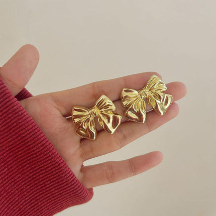 Gold Bow Earrings Women Fashion Stud Jewelry Simple Elegant Gift
