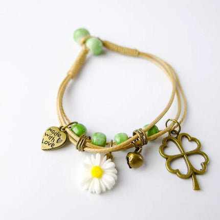 Flower Pendant Waxed Thread Rope Ceramic Beaded Wristband Bracelet Birthday Gift - Aimall