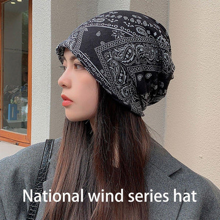 Ethnic Style Cotton Flower Stripe Pullover Cap Dual Purpose Turban Hat for Women