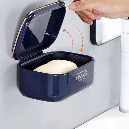 Household Wall Mounted Soap Box With Lid Drainage Non Punch Bathroom Storage Box