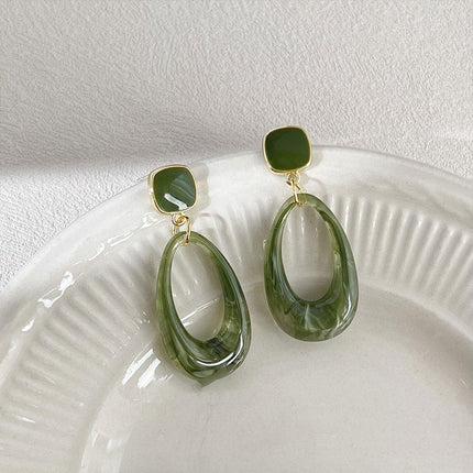 Retro Glossy Green Resin Earrings Women Fashion Round Dangle Jewelry Gift