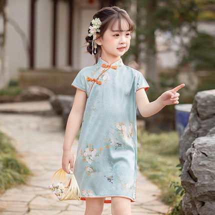 Girls Short-Sleeved Cheongsam Dress Chinese Style Retro Hanfu Summer Outfit