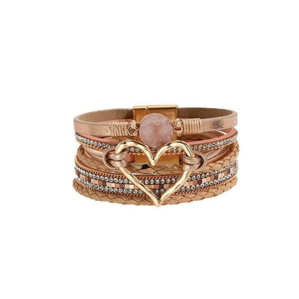 Chic Women's Multi-Color Leather Wrap Bracelet Love Heart Charms Magnetic Clasp - Aimall