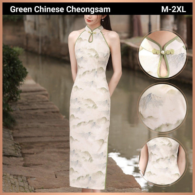 Spring Summer Silk Hemp Cheongsam Long Dress Improved Sleeveless Chinese Qipao