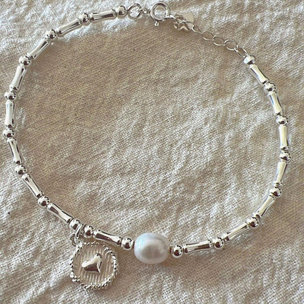 S925 Silver Handmade Bamboo Link Heart and Pearl Pendant Bracelet INS Style Jewelry