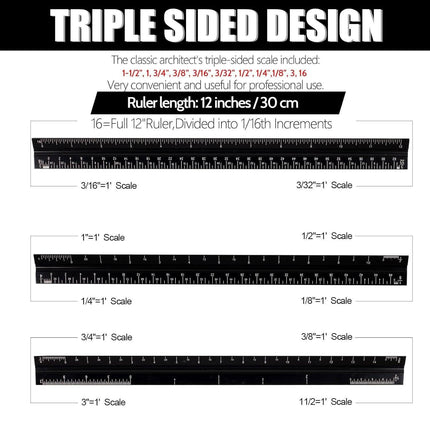 Aluminum Alloy Black Triangular Ruler Imperial Laser Engraved Architect Tool
