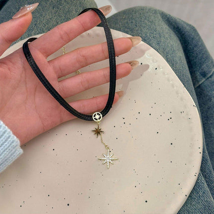 Unique Octagram Star Pendant Leather Rope Necklace Fashion Jewelry for Women