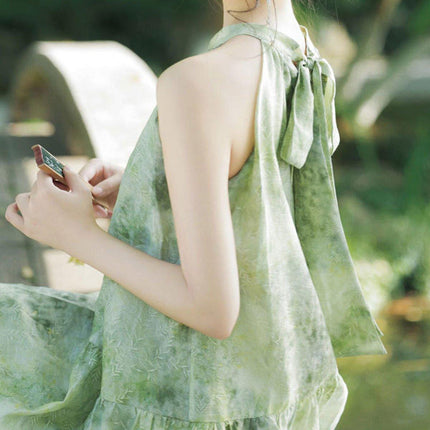 Women Chinese Style Green Halter Neck Long Dress Elegant Evening Gown