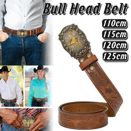 Retro Punk Belt with Cow Head Large Plate Buckle Trendy Western Waist Strap