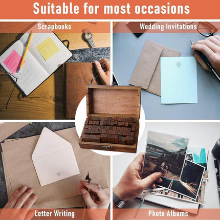 70pcs DIY Alphabet and Number Wood Rubber Stamps Set with Wooden Box Case