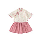 New Chinese Hanfu Girls Floral Two-Piece Pink Cheongsam Half-Skirt Outfit