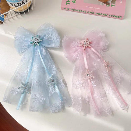 Girls Snowflake Hair Clip Tulle Veil Bow Barrettes Christmas Hairband Gift Party - Aimall