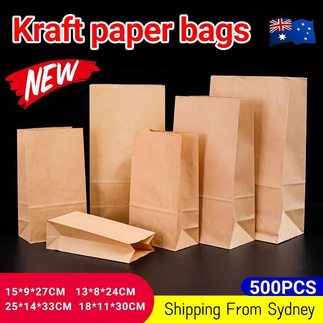 500PCS Kraft Food Paper Bags Brown Flat Bottom Lunch Bags Party Favour Bag - Aimall