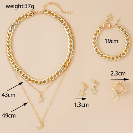 Moon Stars Pendant Necklace Bracelet Ring Earrings Jewelry Set Women Gift