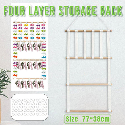 4 Tier Wooden Hair Clip Organizer Hanging Rack for Hair Clips and Ties Storage