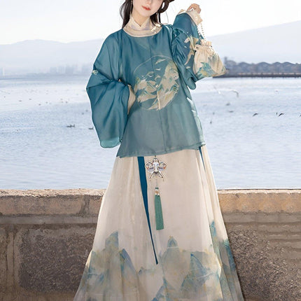 Hanfu Women Traditional Ming Style Round Neck Gown Horsefaced Skirt Set Dress - Aimall