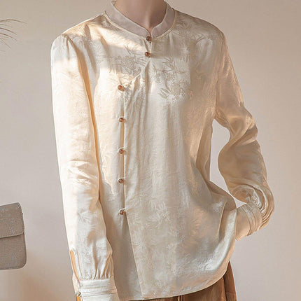New Chinese Style Womens Top Stand-up Collar Long Sleeve Elegant Fashion Shirt