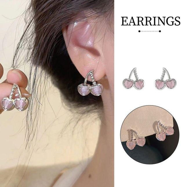 Cute Pink Cherry Heart Shaped Dangle Earrings Women Girls Romantic Fashion