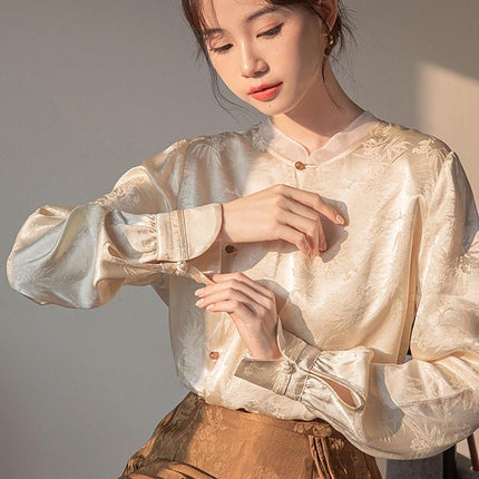 New Chinese Style Womens Top Stand-up Collar Long Sleeve Elegant Fashion Shirt