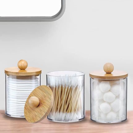 3pcs/set Cotton Swab Holder with Vanity Tray Clear Apothecary Jar Wood Lids
