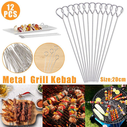 12PC Metal BBQ Skewers Reusable 20cm Grill Sticks Kebab Grilling Tools