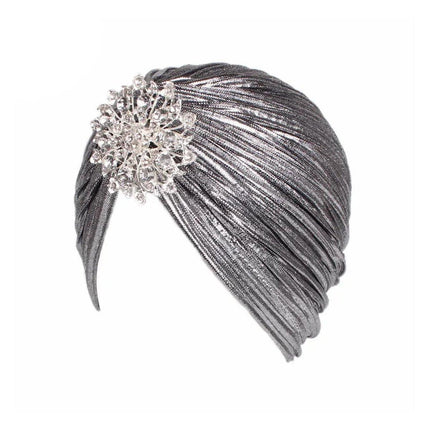 Muslim Women Pleated Silver Pleated Indian Wrap Turban Headscarf Elegant Hat