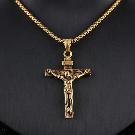 Men Stainless Steel Gold Silver Black Jesus Crucifix Pendant Chain Necklace Silver - Aimall