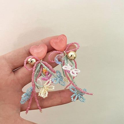 Cute Girly Pink Love Beaded Earrings Bow Bells Fashion Jewellery Women