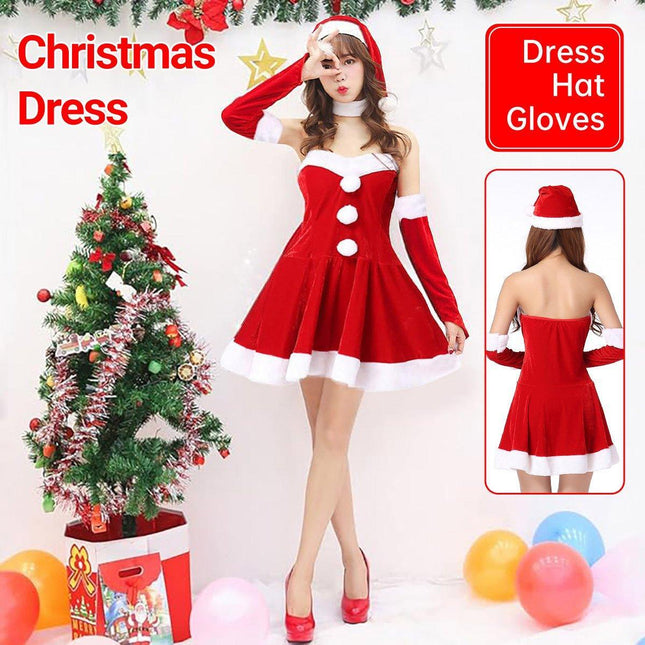 Women Santa Dress Short with Gloves Christmas Costume Outfit Holiday Party AU